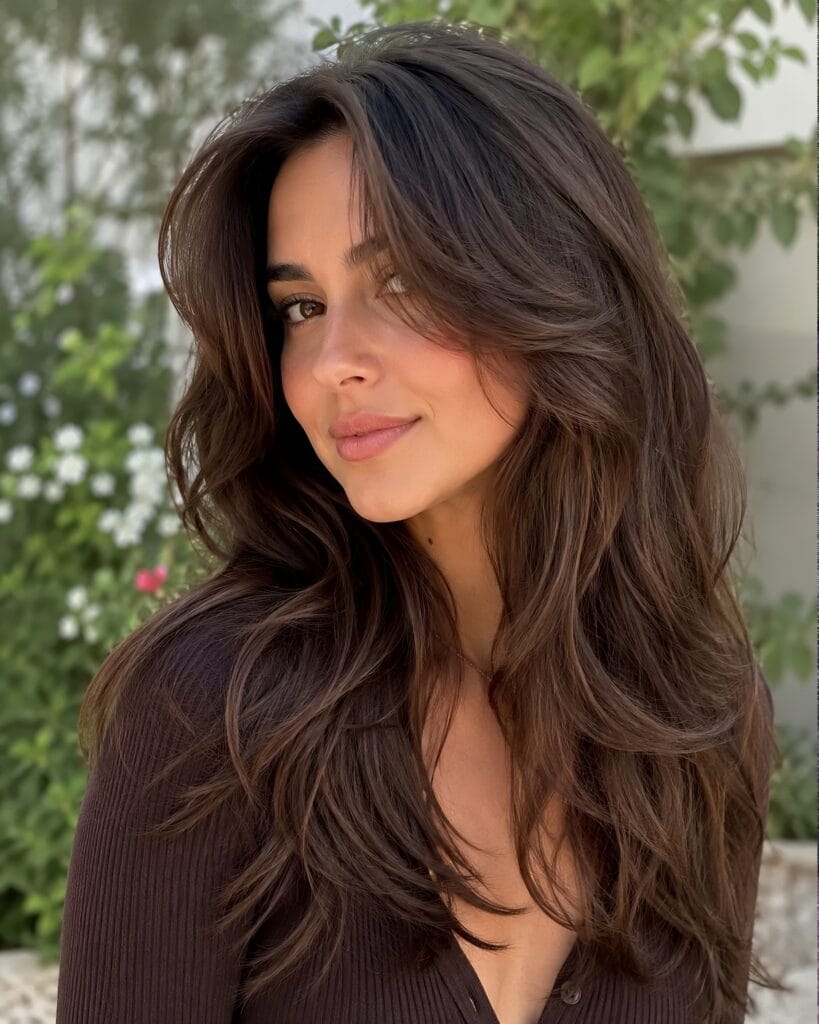 A lady with long layered hair. Portrait of a smiling woman with long, rich brown hair featuring soft face-framing layers and natural waves, set against a leafy outdoor background.