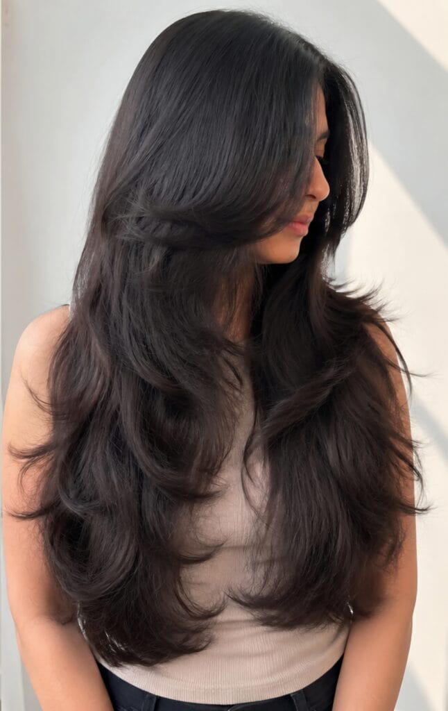 Side profile of a woman with long, dark, voluminous hair styled in soft, cascading layers and face-framing pieces.