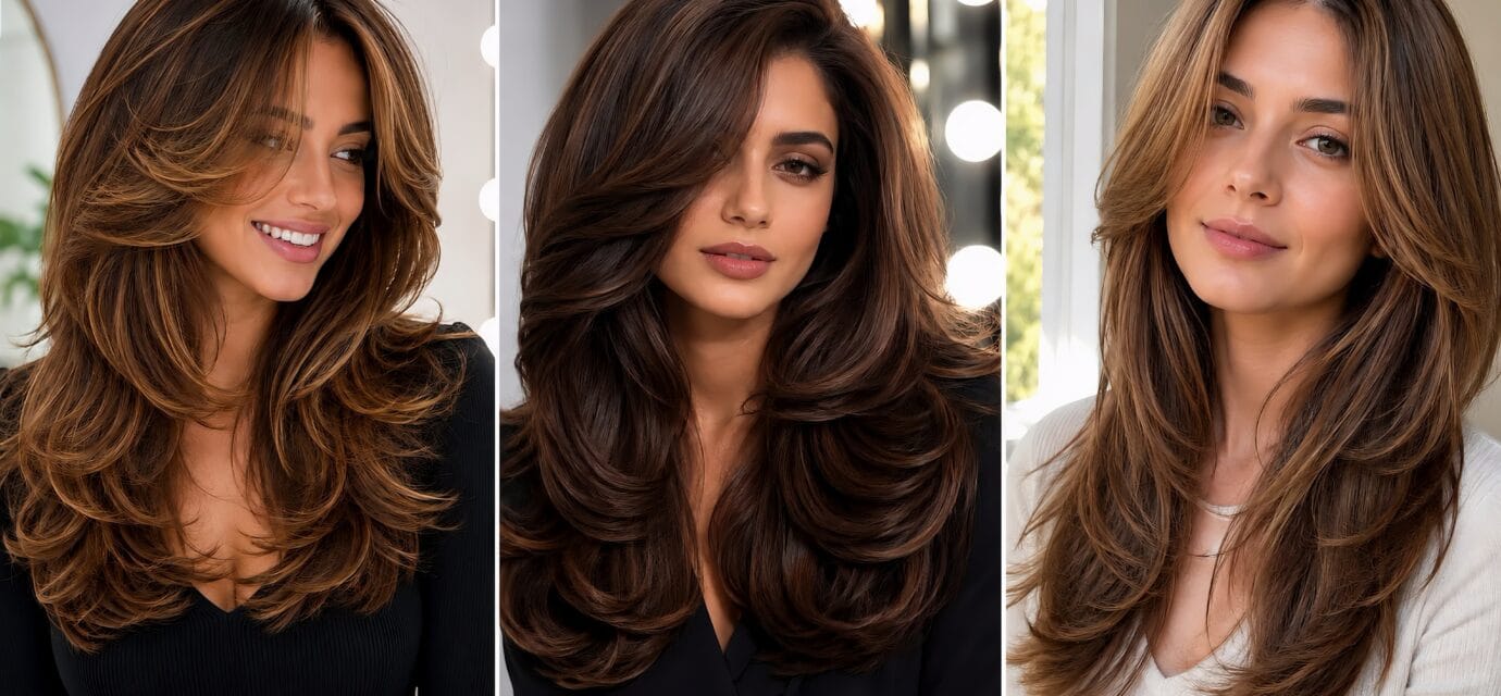 A 3-panel split photo layout showcasing different styles of long layered hair, featuring three smiling women with voluminous brown and highlighted layered cuts and blowouts against bright indoor backgrounds.