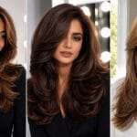 A 3-panel split photo layout showcasing different styles of long layered hair, featuring three smiling women with voluminous brown and highlighted layered cuts and blowouts against bright indoor backgrounds.