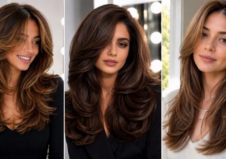 A 3-panel split photo layout showcasing different styles of long layered hair, featuring three smiling women with voluminous brown and highlighted layered cuts and blowouts against bright indoor backgrounds.