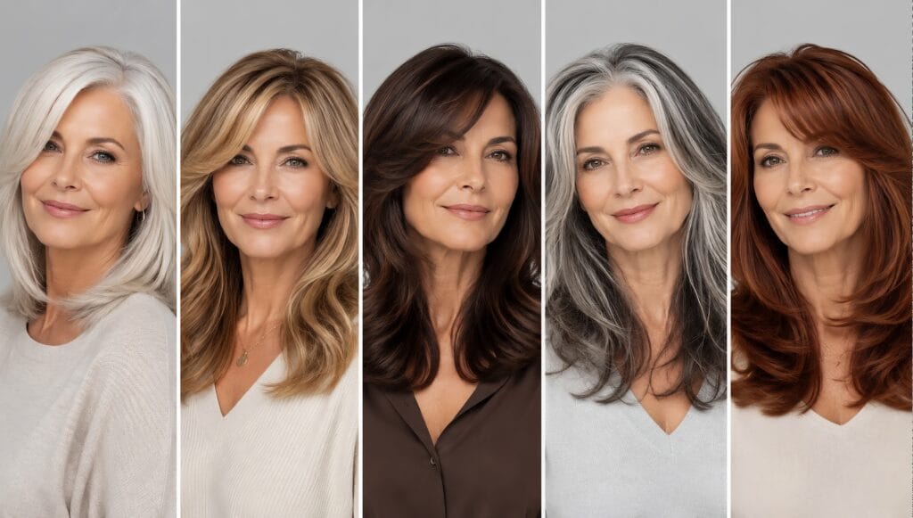 A collage featuring five elegant variations of long layered cuts in different colors like silver, blonde, brunette, and auburn, highlighting beautiful long hair styles for women over 50.