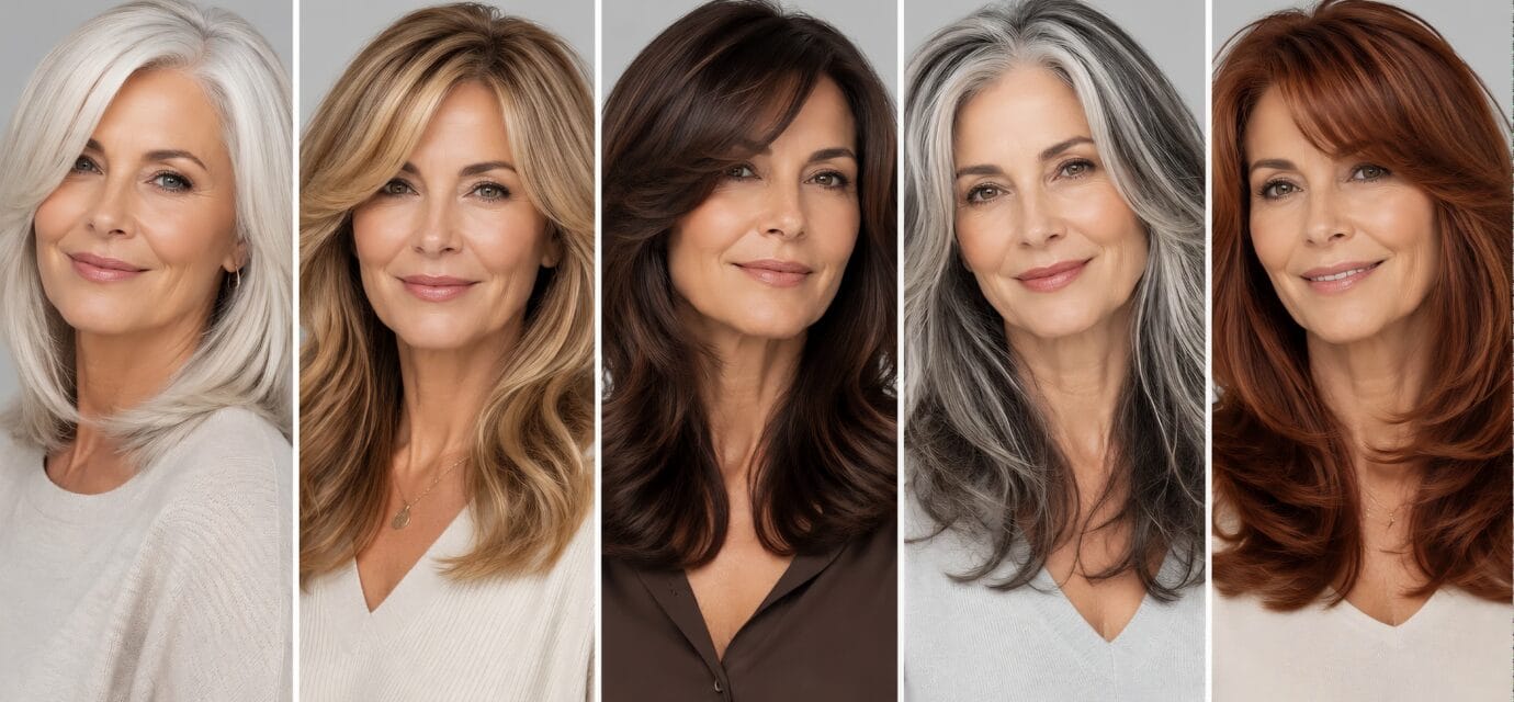 A collage featuring five elegant variations of long layered cuts in different colors like silver, blonde, brunette, and auburn, highlighting beautiful long hair styles for women over 50.