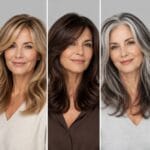 A collage featuring five elegant variations of long layered cuts in different colors like silver, blonde, brunette, and auburn, highlighting beautiful long hair styles for women over 50.