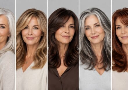 A collage featuring five elegant variations of long layered cuts in different colors like silver, blonde, brunette, and auburn, highlighting beautiful long hair styles for women over 50.