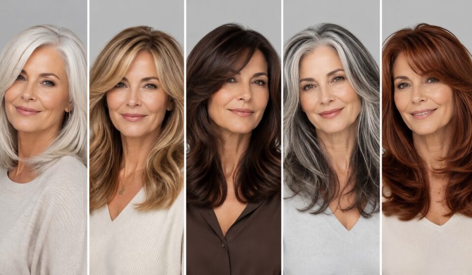 A collage featuring five elegant variations of long layered cuts in different colors like silver, blonde, brunette, and auburn, highlighting beautiful long hair styles for women over 50.