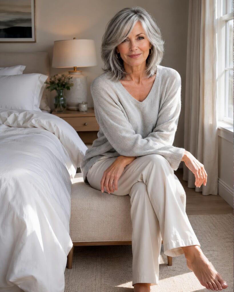 An elegant woman sitting in a sunlit minimalist bedroom showcasing a sophisticated silver and grey layered hairstyle, representing graceful hair styles for women over 50.