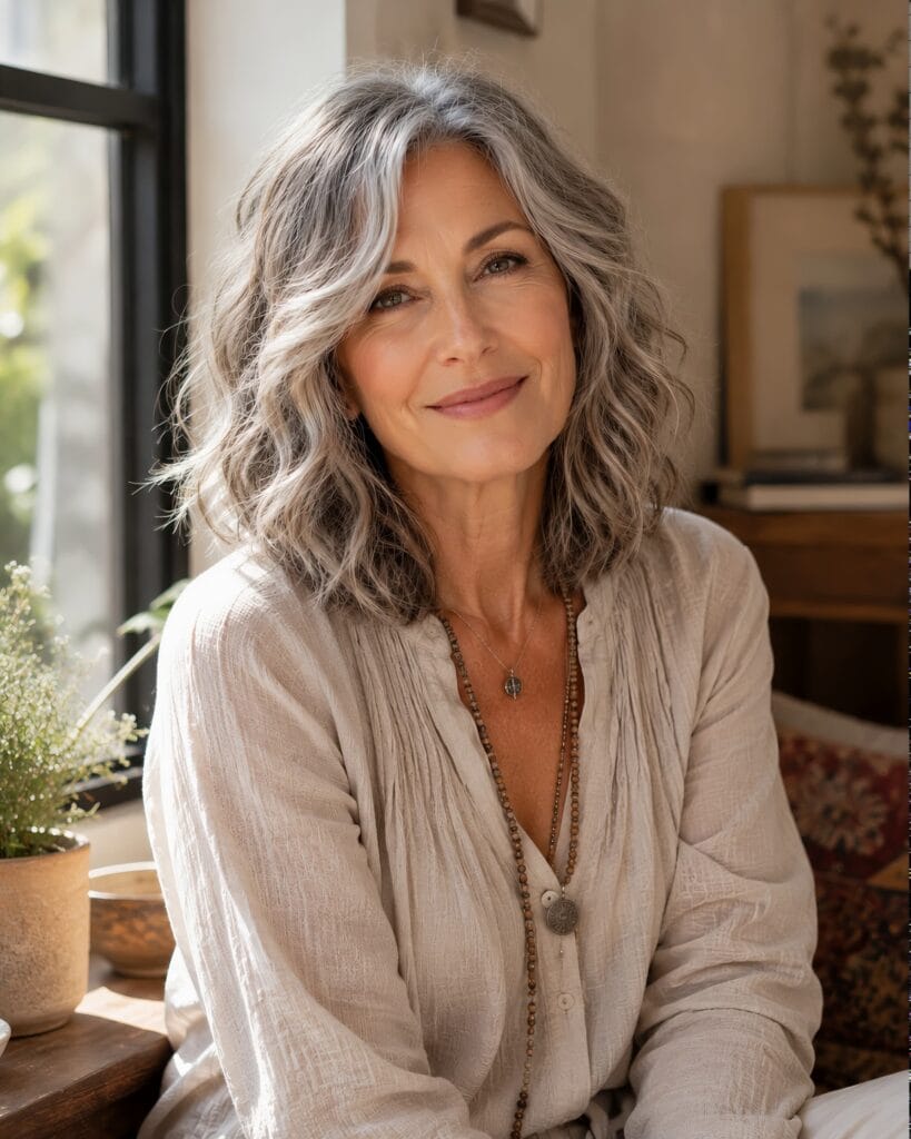 Portrait of a serene woman by a window with a soft, wavy grey and silver lob haircut, offering inspiration for natural and elegant hair styles for women over 50.