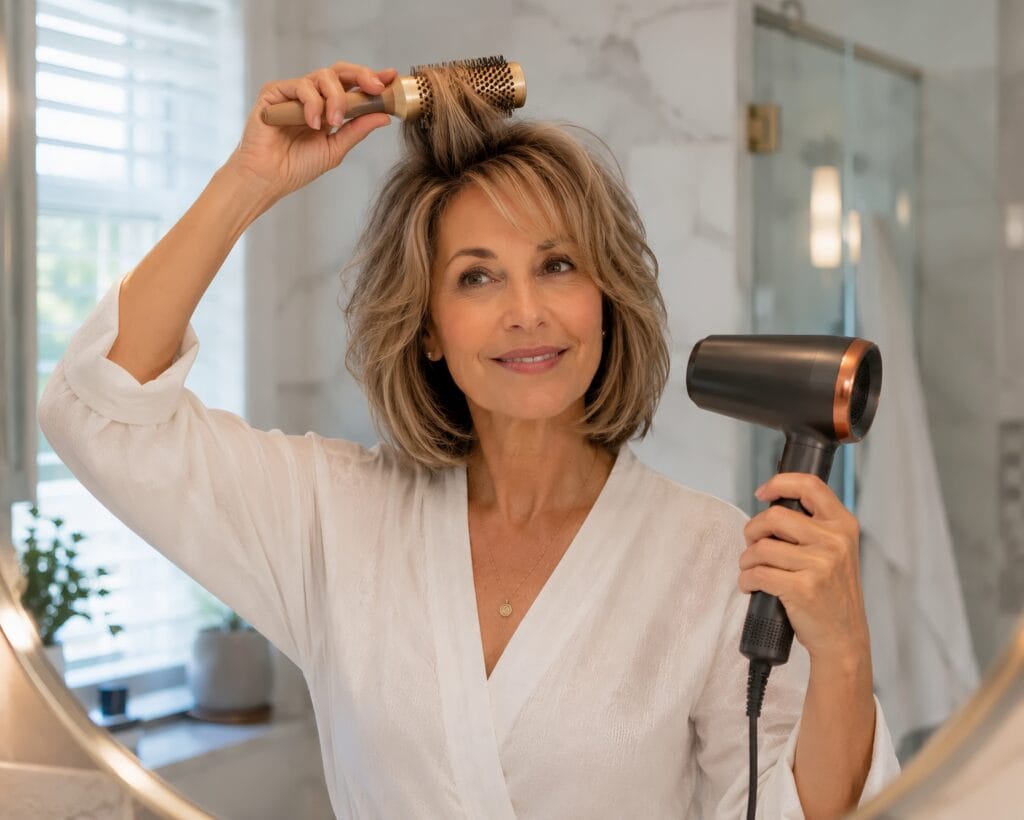 A woman styling her hair with a round ceramic brush and blow dryer in a bright bathroom, demonstrating how to add root volume to hair styles for women over 50.