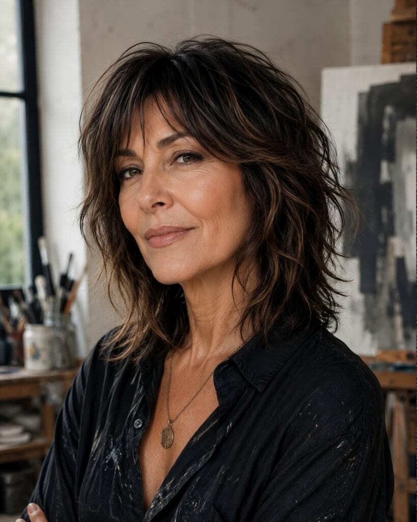A woman posing in an art studio featuring a textured dark brunette modern shag haircut with disconnected layers, highlighting trendy hair styles for women over 50.