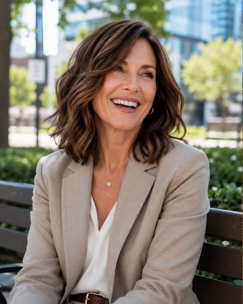 A joyful woman sitting on a park bench wearing a beige blazer and showcasing a textured shoulder-length brown haircut, demonstrating sophisticated hair styles for women over 50.
