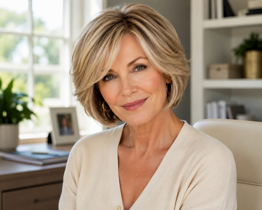 A smiling woman in a home office featuring a voluminous honey-blonde layered bob haircut with highlights, illustrating classic hair styles for women over 50.