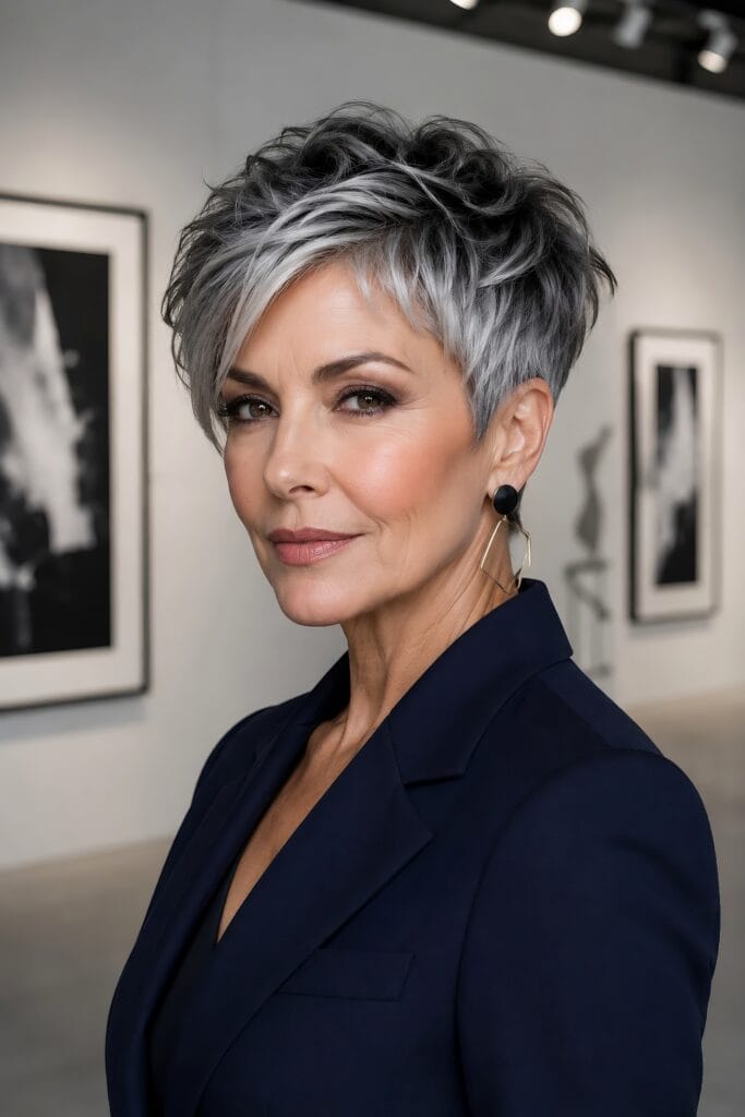 A confident woman posing in an art gallery featuring a chic, textured silver pixie cut with dark undertones, highlighting modern short hair styles for women over 50.