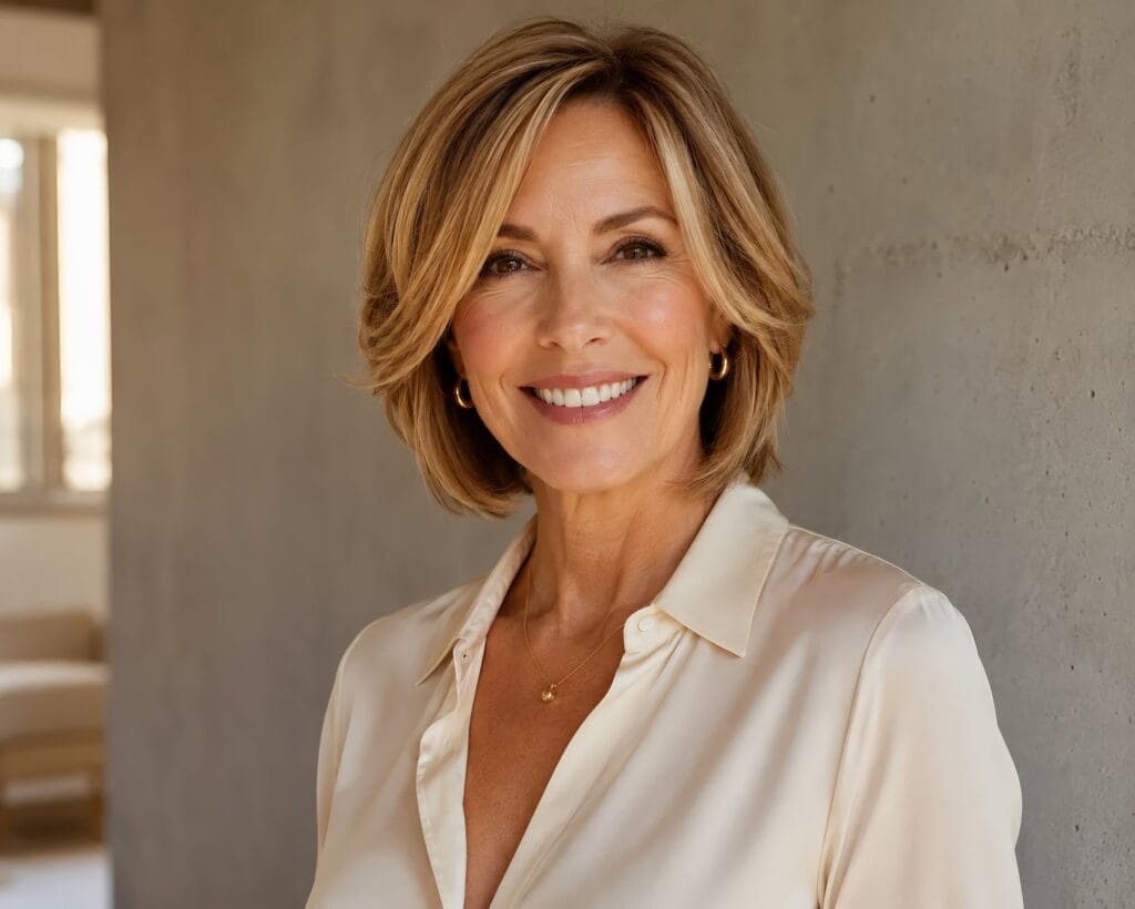 A professional portrait of a woman smiling against a modern concrete wall with a smooth blonde layered bob, highlighting polished hair styles for women over 50.