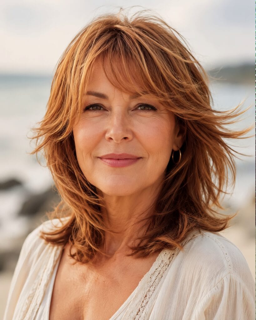 Close-up portrait of a woman on a windy beach with a vibrant soft auburn feathered haircut and wispy bangs, showcasing beautiful hair styles for women over 50.