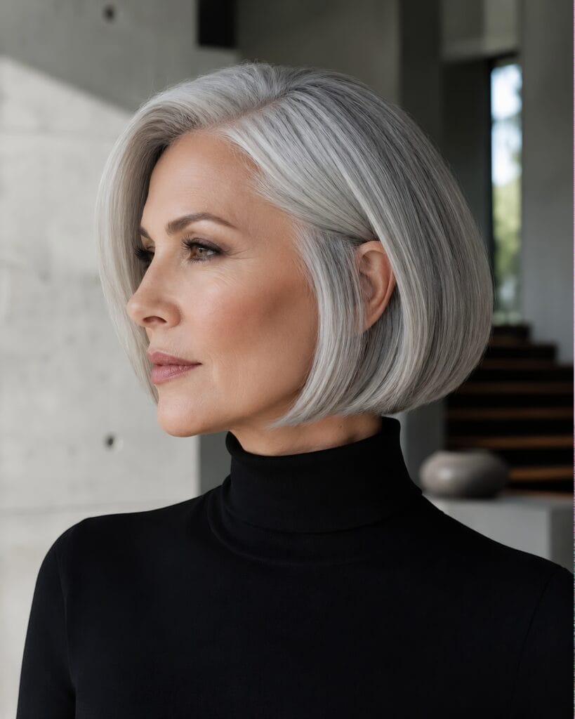 Sharp profile shot of an elegant woman with a sleek, precise silver chin-length bob haircut, illustrating structured and low-maintenance hair styles for women over 50.