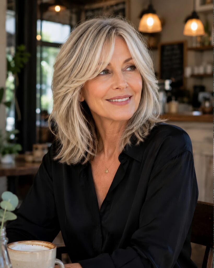 An elegant woman smiling in a cozy cafe showcasing medium-length textured layers with curtain bangs, a perfect example of effortless hair styles for women over 50.