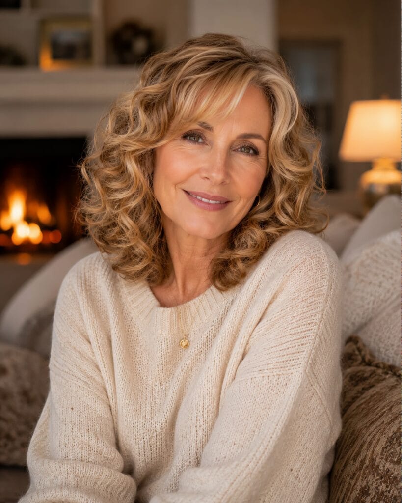 A woman smiling warmly on a cozy living room sofa featuring classic soft curls with beautiful bounce, displaying timeless hair styles for women over 50.