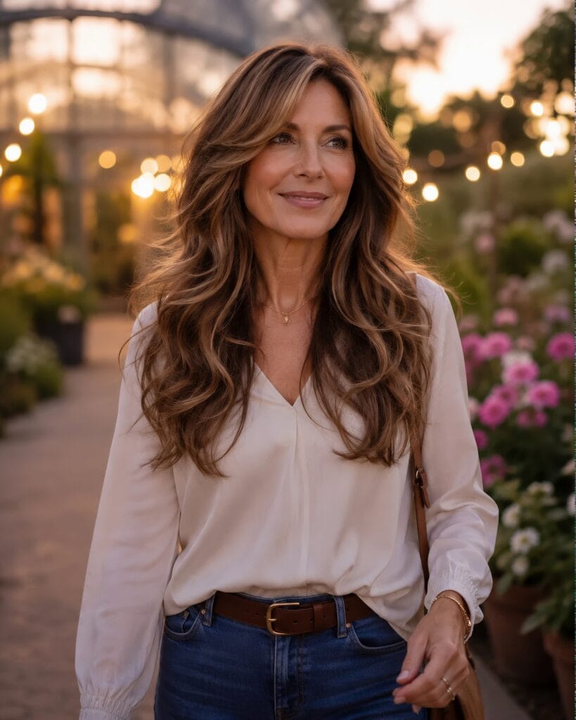 A graceful woman walking through a blooming garden at sunset with voluminous long layers and loose waves, offering inspiration for long hair styles for women over 50.