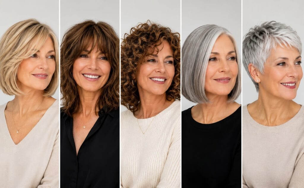 A collage of five different short to medium haircuts—including bob, shag, curls, sleek grey bob, and pixie—showcasing versatile hair styles for women over 50.