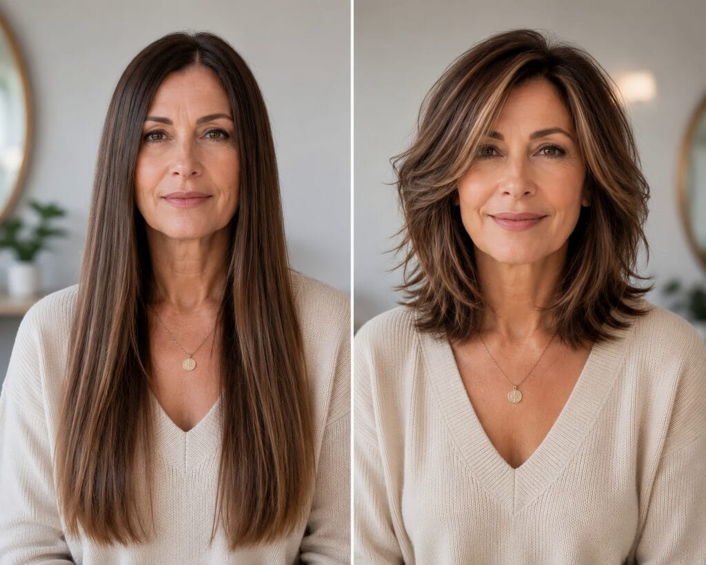 A before-and-after comparison showing a transition from pin-straight long hair to a lively, voluminous layered mid-length haircut, exemplifying transformative hair styles for women over 50.