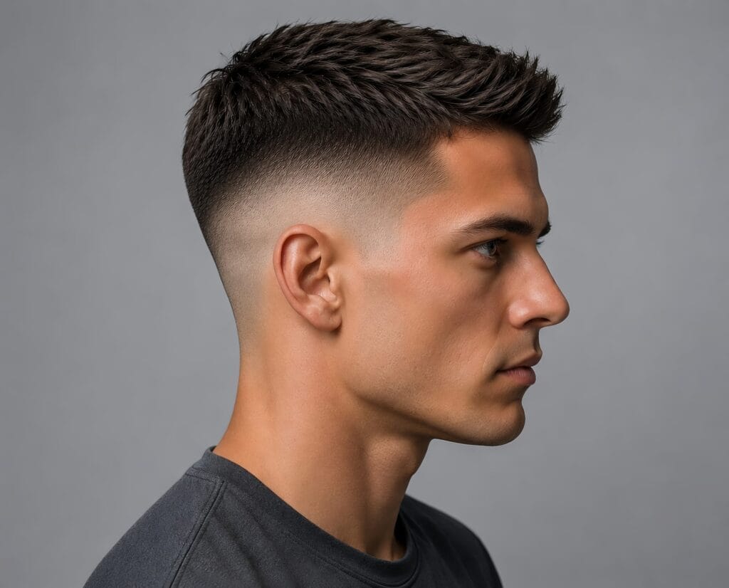 Profile view of a man showing a sharp mid fade haircut for men with textured short hair on top.