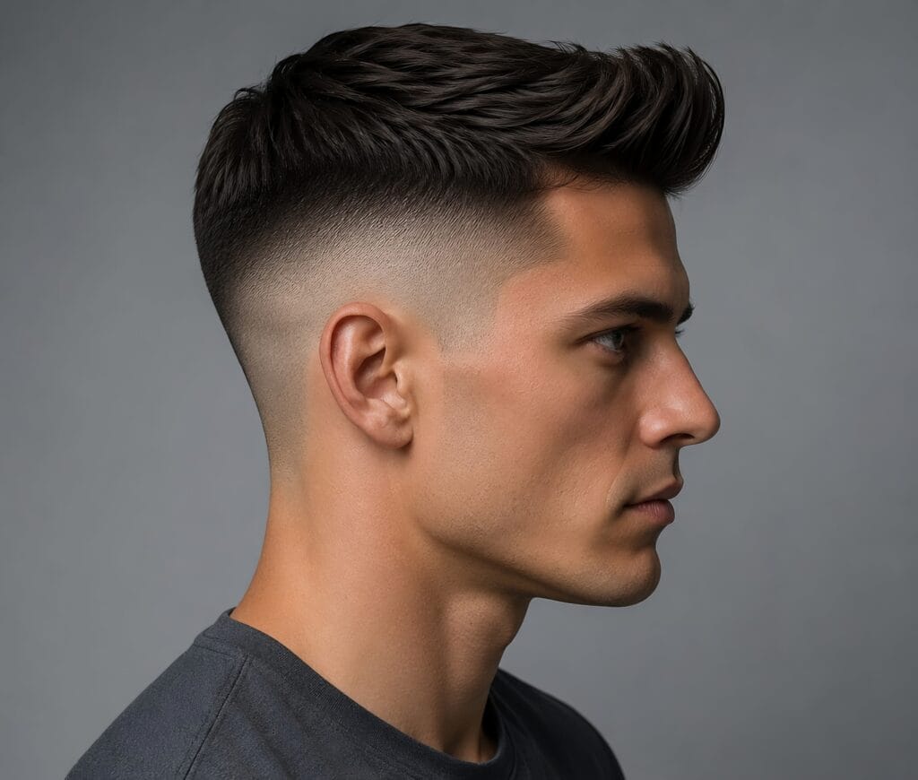 Profile view of a man showing a textured quiff hair cut with mid fade hair cuts for men with volume on top.
