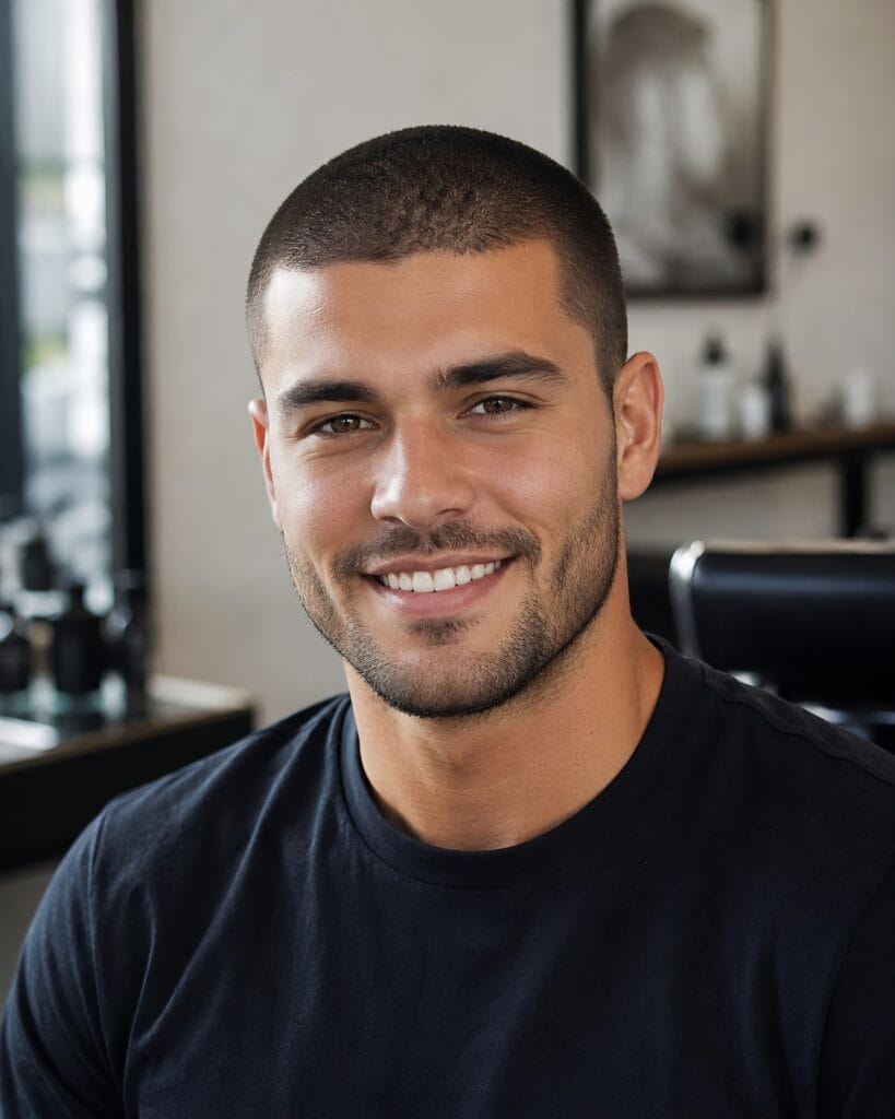 Portrait of a smiling man wearing a classic, low-maintenance buzz cut haircut.