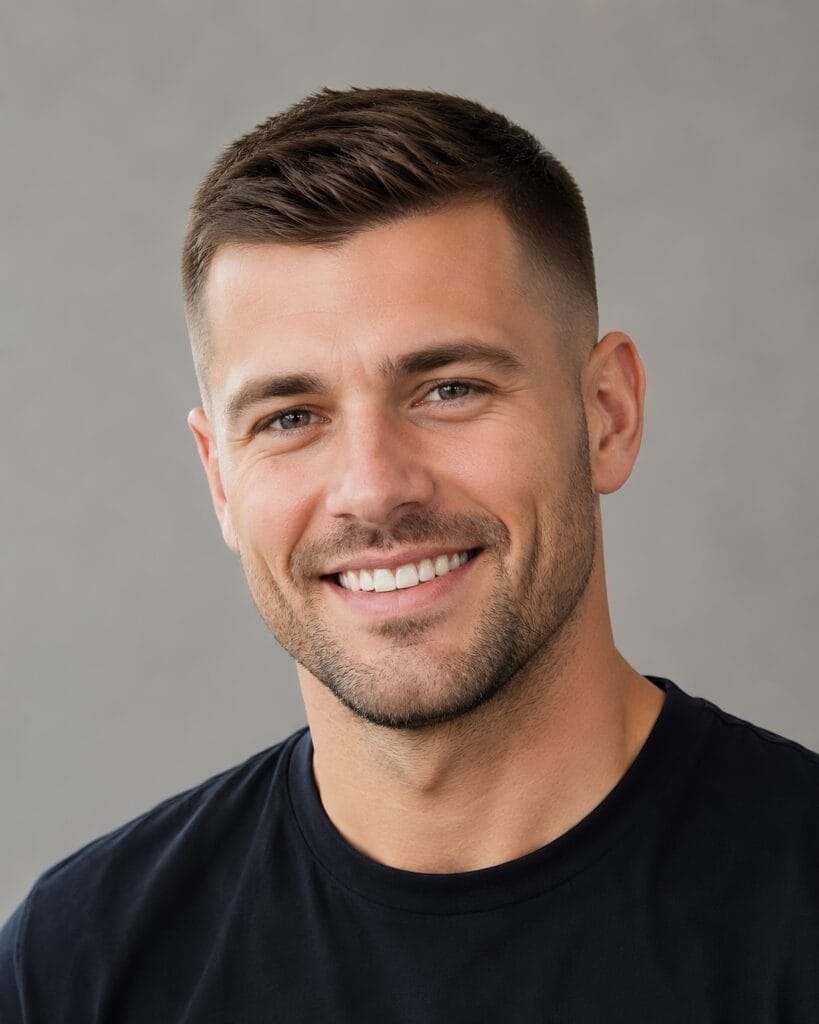 Smiling man with a short, neat crew cut haircut featuring faded sides.