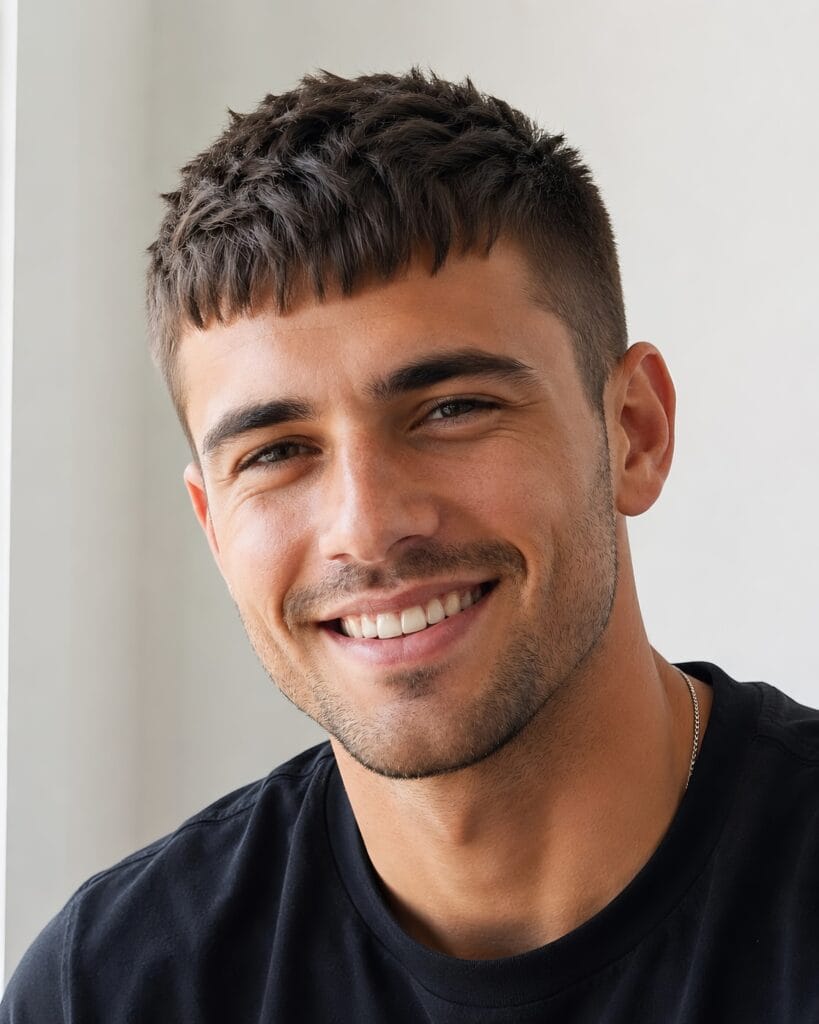 Portrait of a smiling man showcasing a french crop haircut with a clean fade.