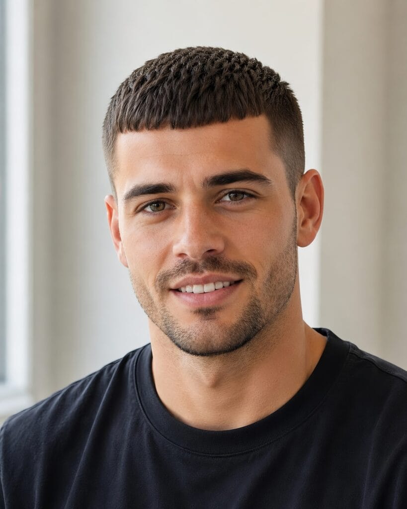 Man with a modern Caesar Cut haircut featuring short textured hair and a blunt fringe. Hair cuts for men