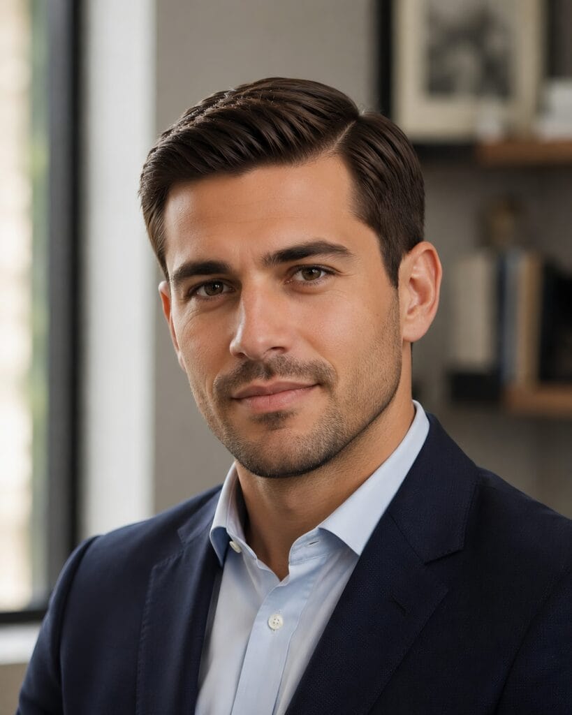 Professional portrait of a man wearing a tidy Ivy League haircut for men in a suit