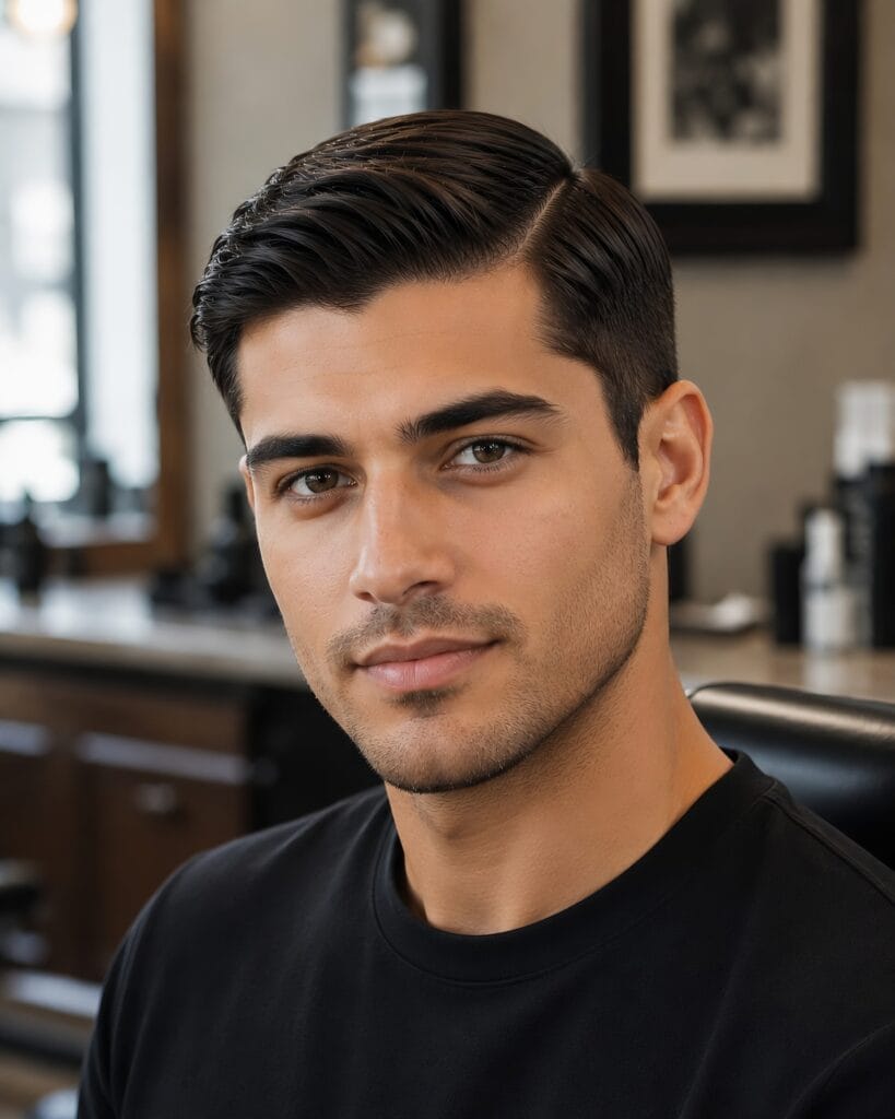 Man with a classic side part hairstyle and neat tapered sides sitting in a barbershop.