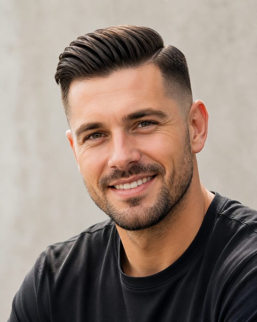 Smiling man wearing a classic comb over side part haircut with a clean, well-groomed finish