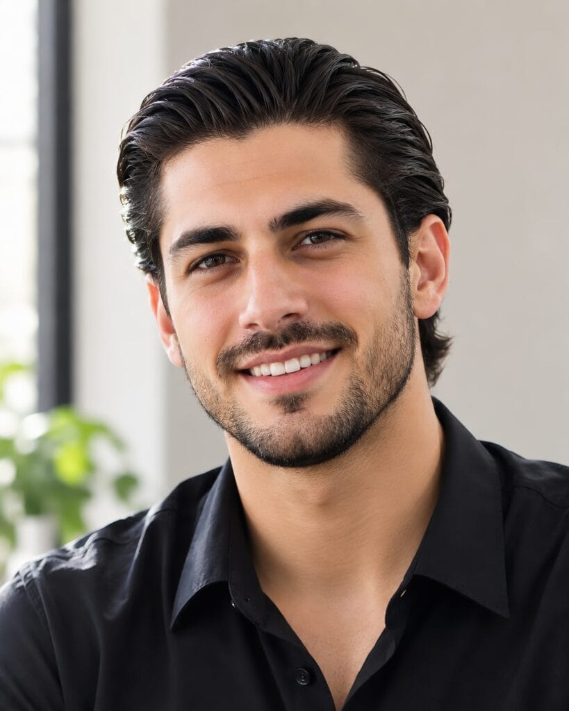 Portrait of a smiling man wearing a clean, medium-length slick back hairstyle.