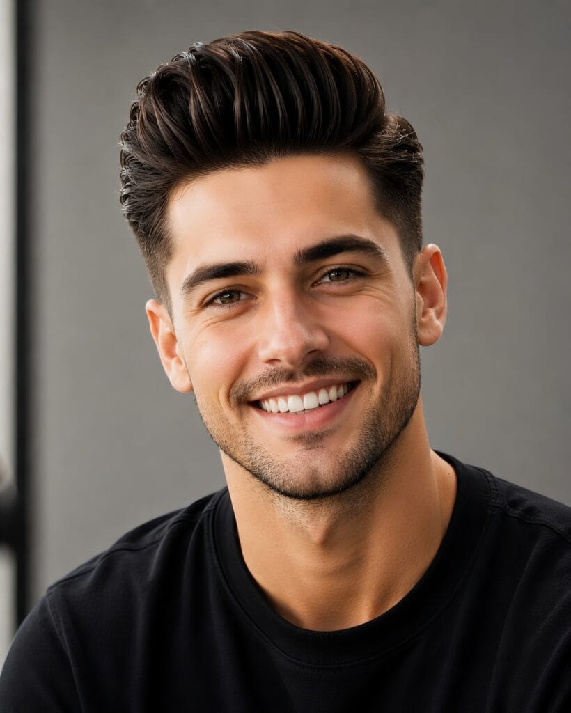 Man with a voluminous pompadour haircut and tapered sides smiling warmly in a studio setting.