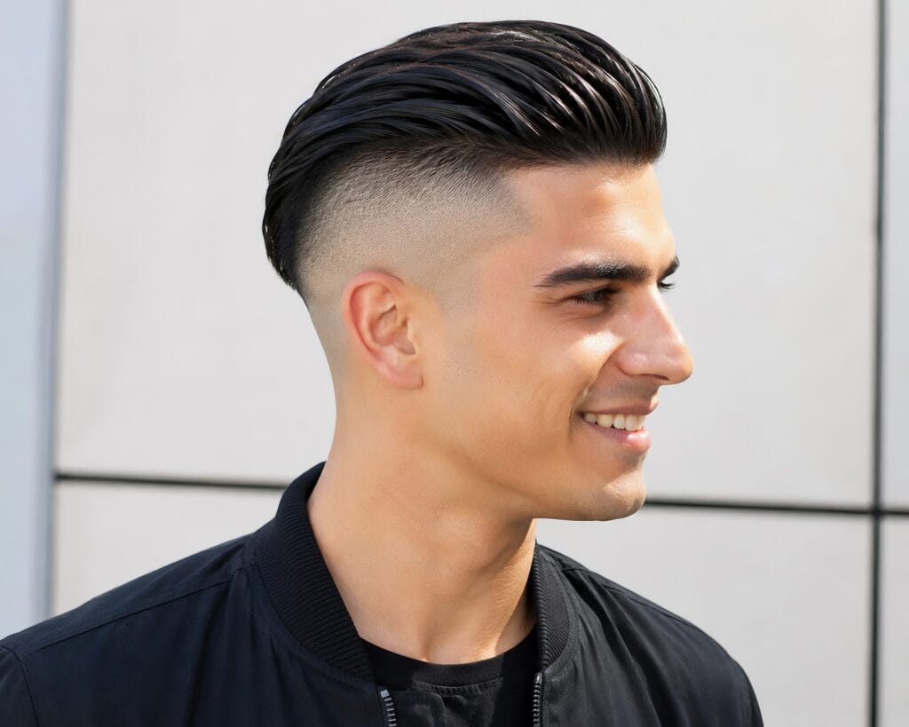 Side profile of a man showcasing undercut hair style with a sharp slick back haircut with clean faded sides