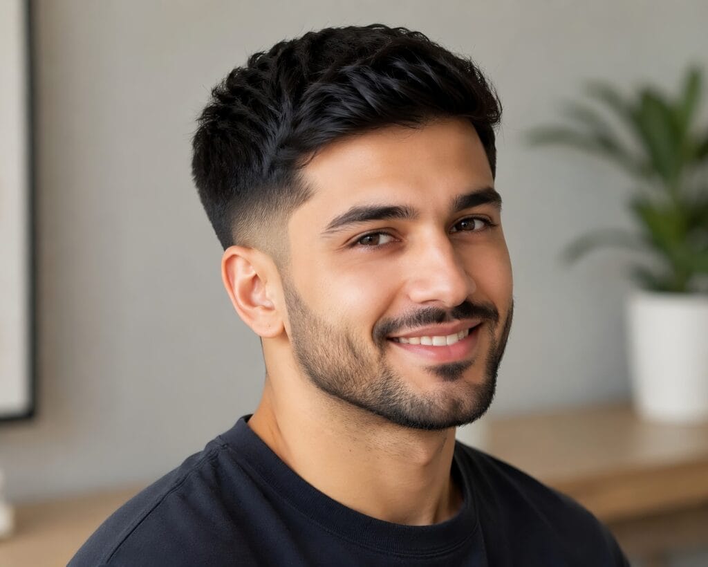 Portrait of a smiling man with a clean textured crop haircut and low fade.