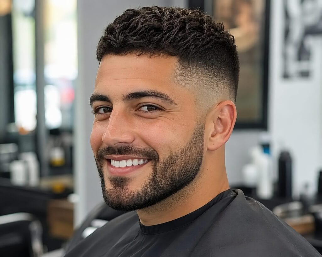 Man with a modern textured crop haircut and sharp high fade smiling in a barbershop