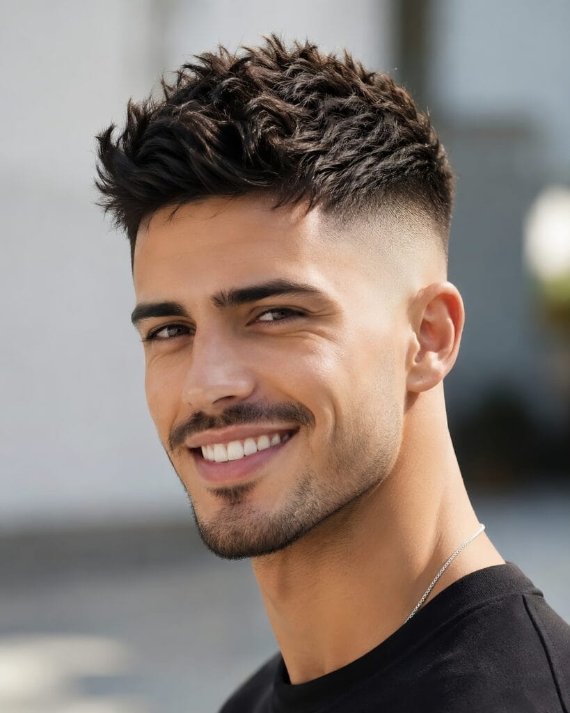 Man with a textured taper fade haircut and faded sides smiling in bright natural daylight.