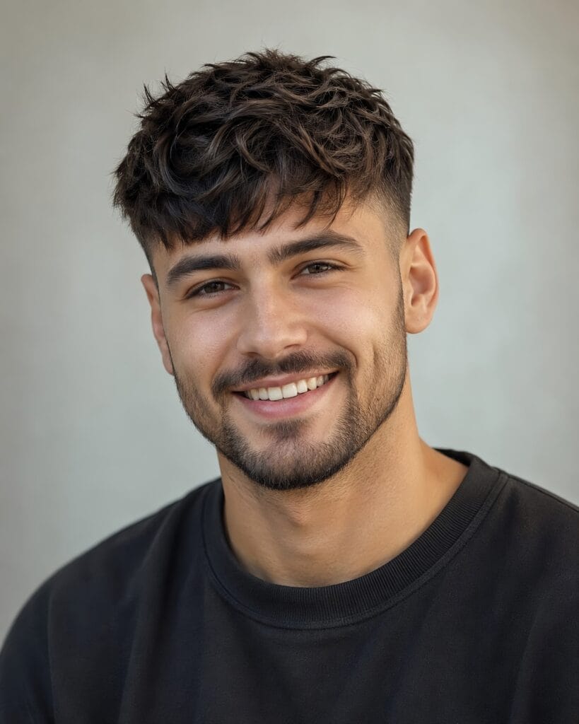 Close-up of a smiling man with a modern crop haircut and textured top.