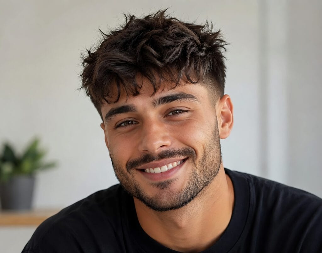 Portrait of a smiling man wearing a textured messy crop haircut for men with a skin fade.