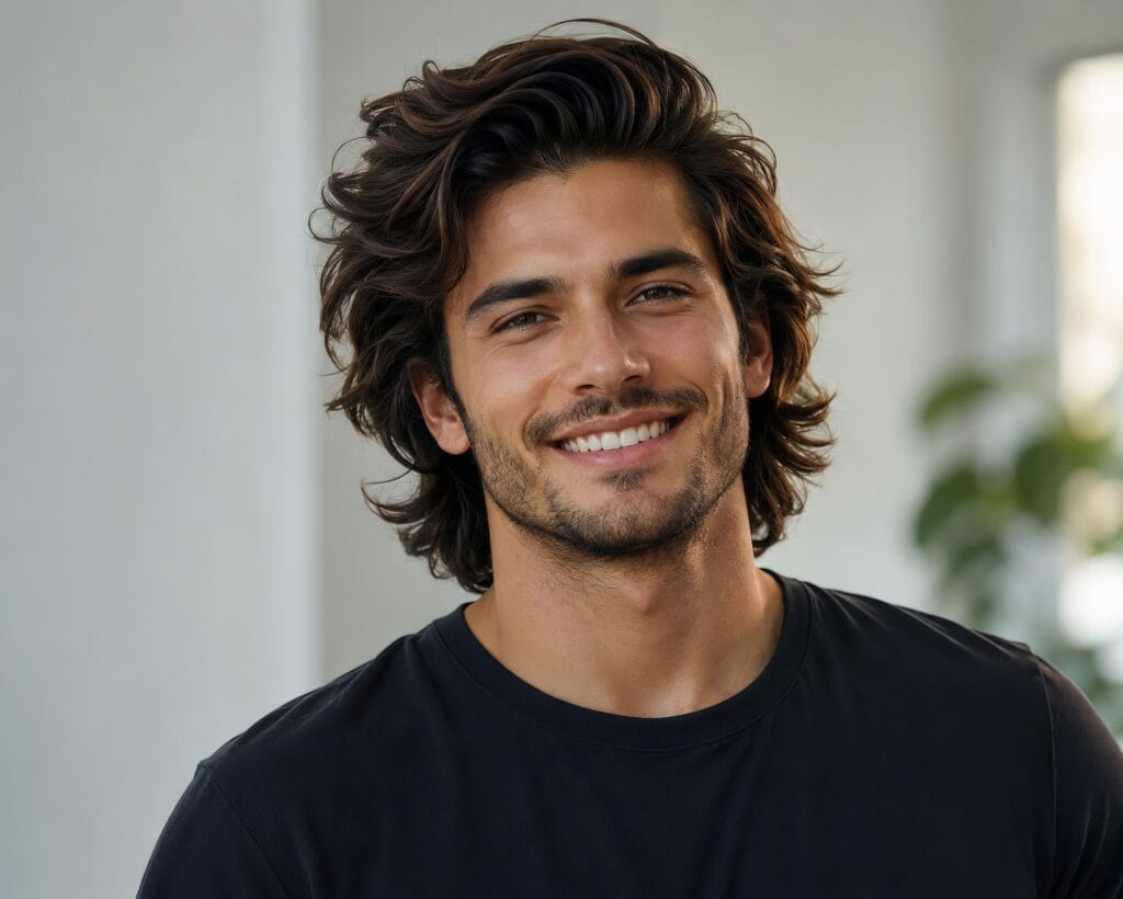 Portrait of a smiling man wearing a voluminous bro flow haircut for medium-length hair.