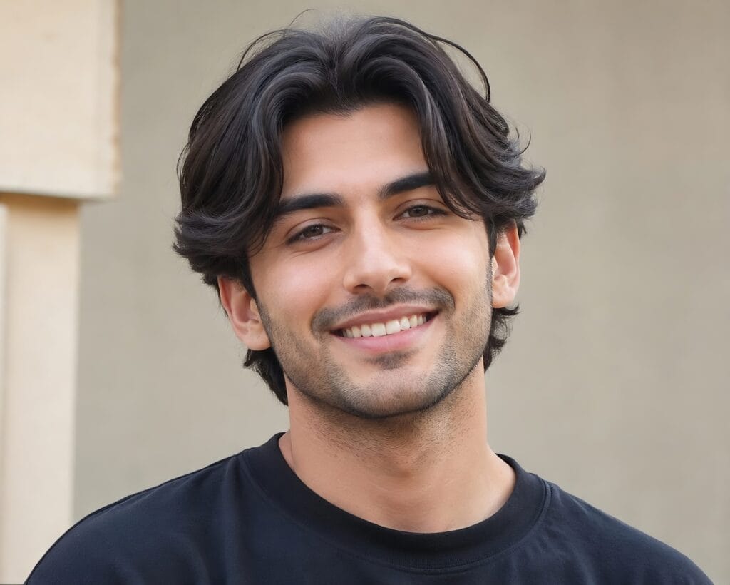 Smiling man wearing a casual curtains hairstyle framing his face naturally.