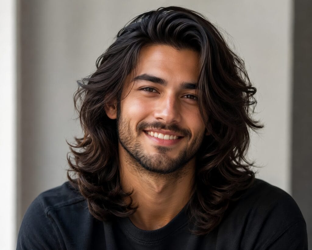 Smiling man showcasing a long layered hairstyle for men with natural volume and movement.