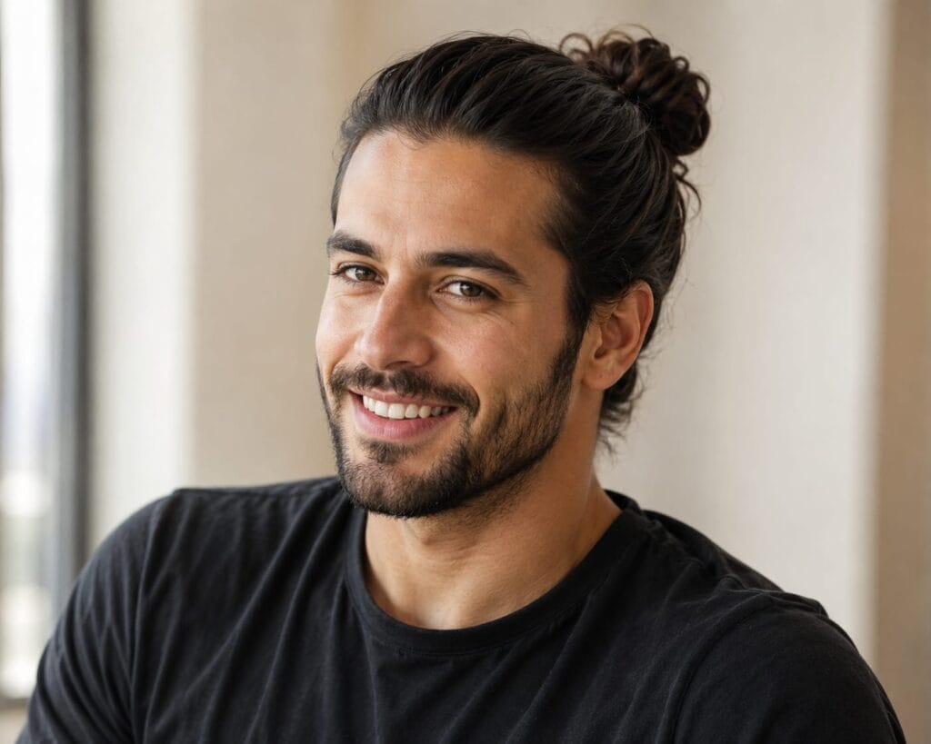 Portrait of a smiling man with a neat top knot hairstyle and styled facial hair.