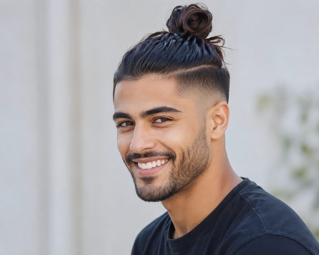 Man with a neat man bun haircut and faded sides smiling warmly in natural light.