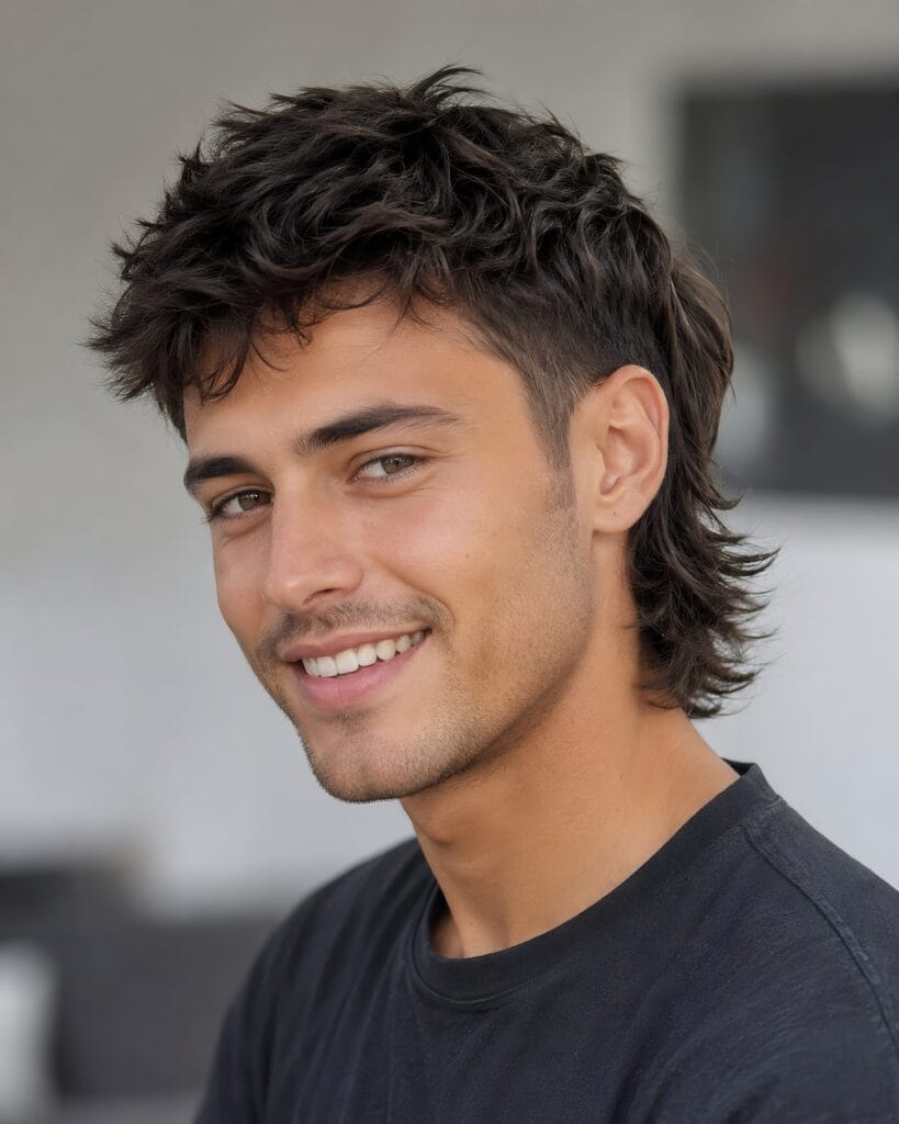 Close-up of a smiling man wearing a modern textured mullet haircut for men with tapered sides.