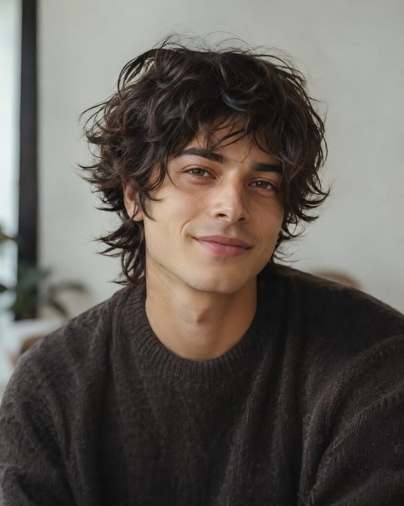 Smiling man with a messy, medium-length wolf haircut featuring natural waves and texture.