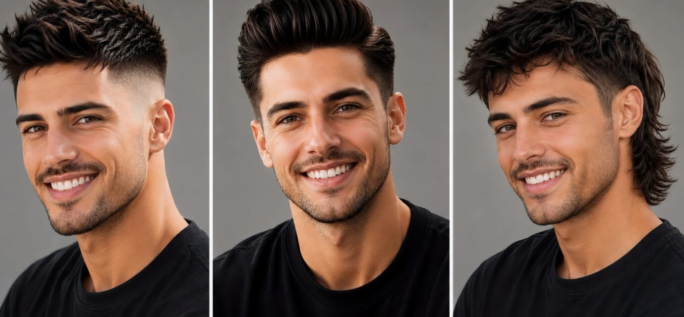 Three-column featured image showing the same smiling man wearing three different haircuts for men: a textured spiky cut with a skin fade, a voluminous pompadour, and a modern mullet.
